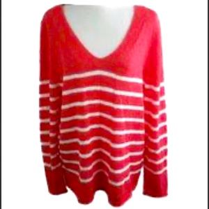3/$25💥 NEW Fashion Avenue Coral & White Striped Sweater Sz L OVERSIZED